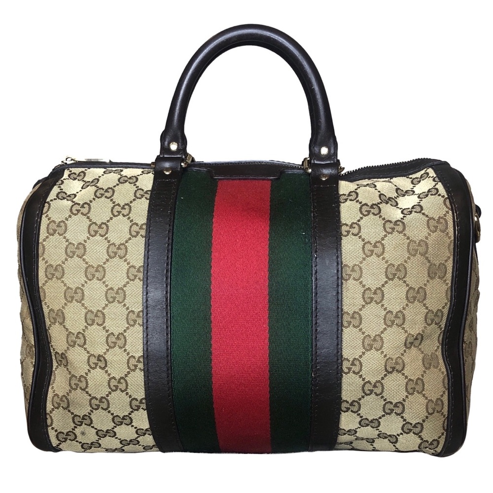 GUCCI GG Boston Duffel Bag with Red and Green Sherry Line Stripes